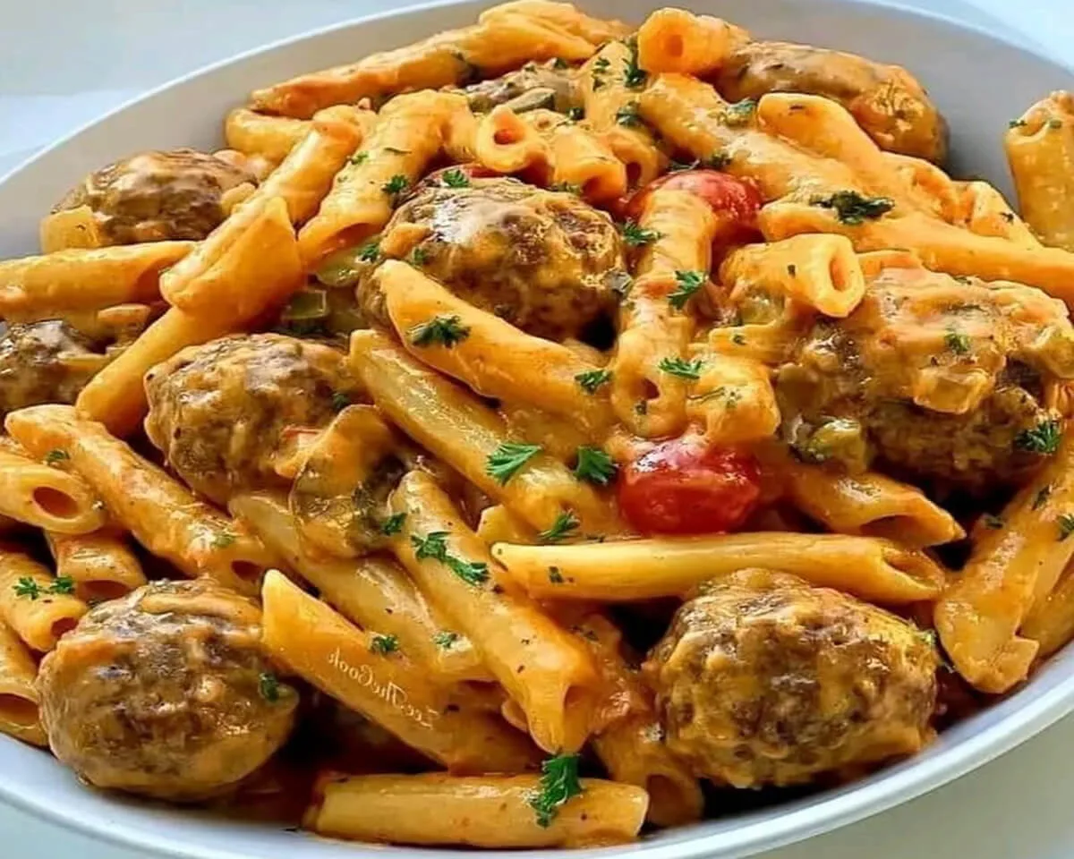 Penne pasta with meat balls
